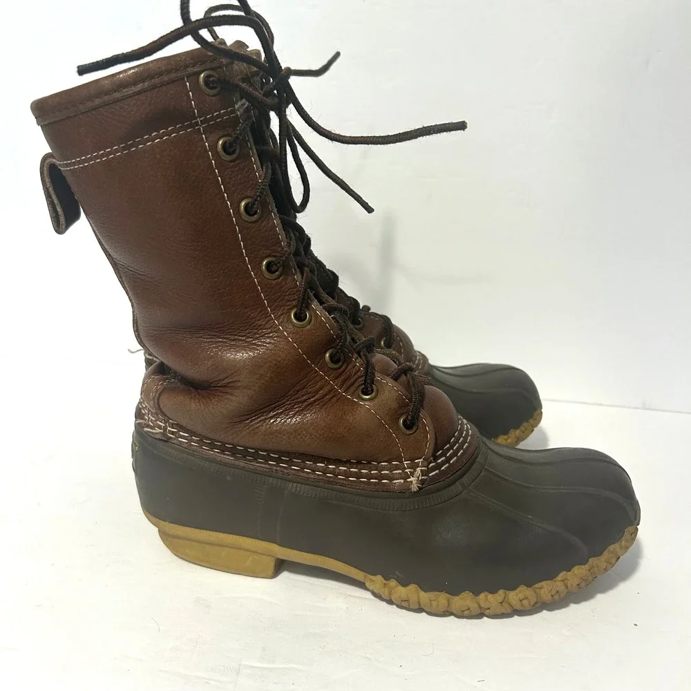 Vtg LL Bean Duck Boots Women 6 Brown Shearling Lined WP Hunting Leather Maine